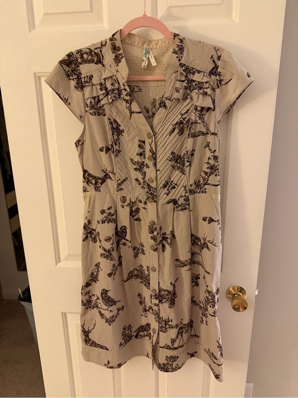 Anthropologie Maeve Southward Stop Midi Shirt Dress Beige Brown Birds Deer Print